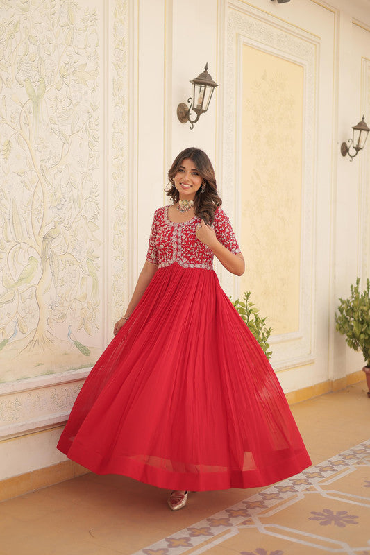 Red Coloured Faux Blooming with Thread & Sequence Embroidery Work Women Designer Party wear Long Gown!!