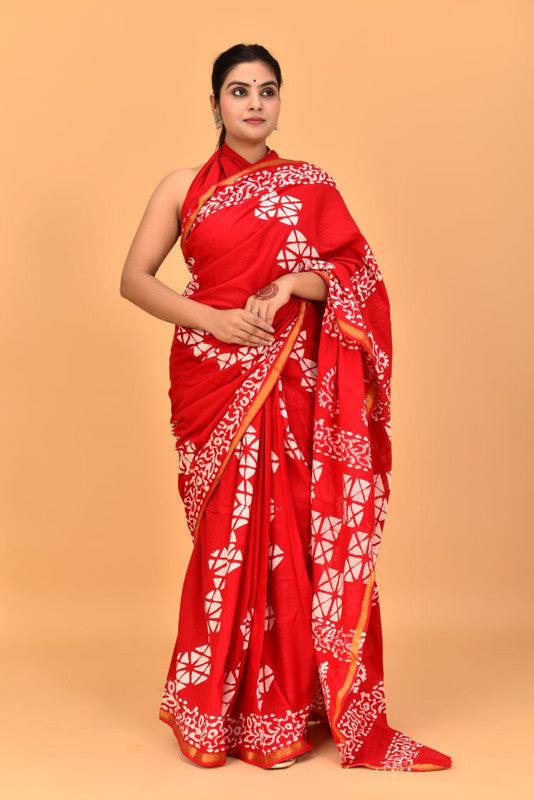 Red with White Coloured Pure Cotton with Beautiful Jari Border Women Party/Casual wear Hand Block Printed Cotton Saree with Blouse!!