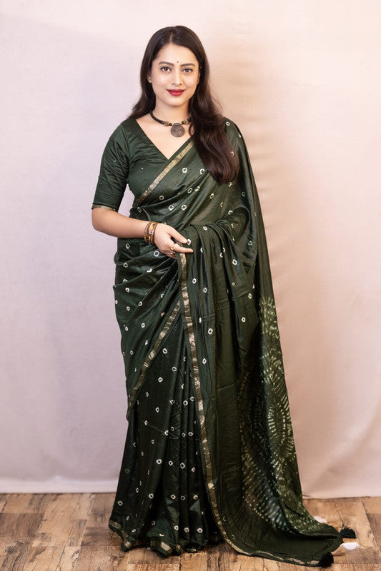 Bottle Green Coloured Chanderi Cotton with Bandhani Print & Big Tied Pallu Women Party/Festival wear Chanderi Cotton Saree with Aari Mirror Blouse!!