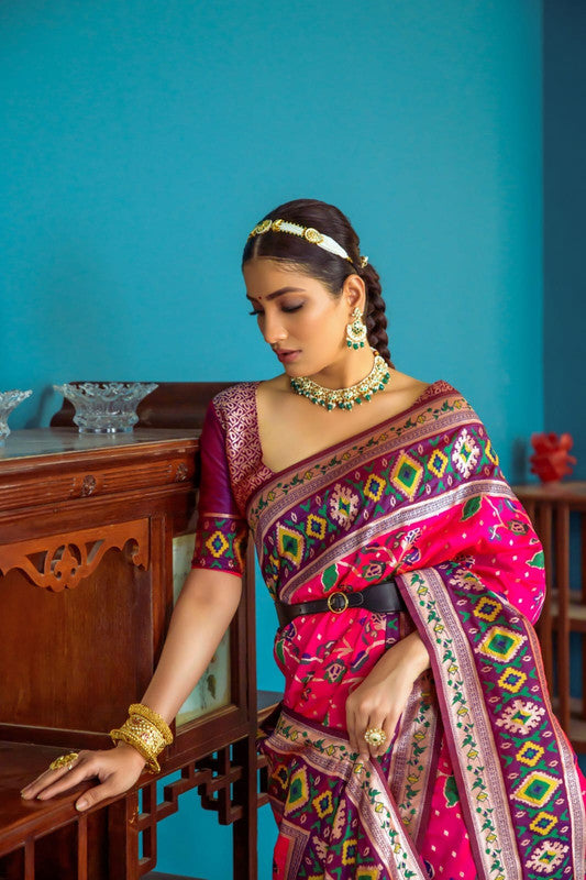 Dark Pink with Brown & Multi Coloured Banarasi Silk Paithani Patola Meenakari Work Women Ethnic wear Soft Silk Saree with Contrast Brocade Blouse!!