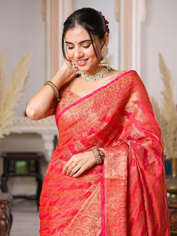 Red Coloured with Rich Pallu Dual Tone Tassels, Zari & Sequence Work Women Ethnic/Festival wear Organza Silk Saree with Brocade Blouse!!