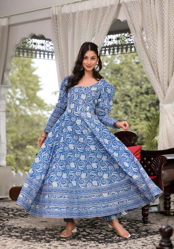 Blue & White Coloured Cotton Floral printed Round neck & long sleeves Women Designer Party/Casual wear Anarkali Kurta with Trousers!!