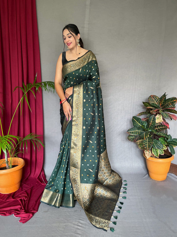 Green & Multi Coloured with Copper & Golden Zari & Beautiful Motifs, Rich Pallu Women Designer Soft Silk Saree with Blouse!!