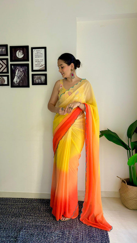 Yellow with Orange Coloured Shaded Faux Georgette with Fancy Arco Border Women Fancy/Party wear Saree with Blouse!!