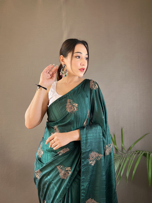 Green Coloured Soft Silk with Zari, Embroidery and Piping Work Women Ethnic/Party wear Silk Saree with Running Butti Blouse!!