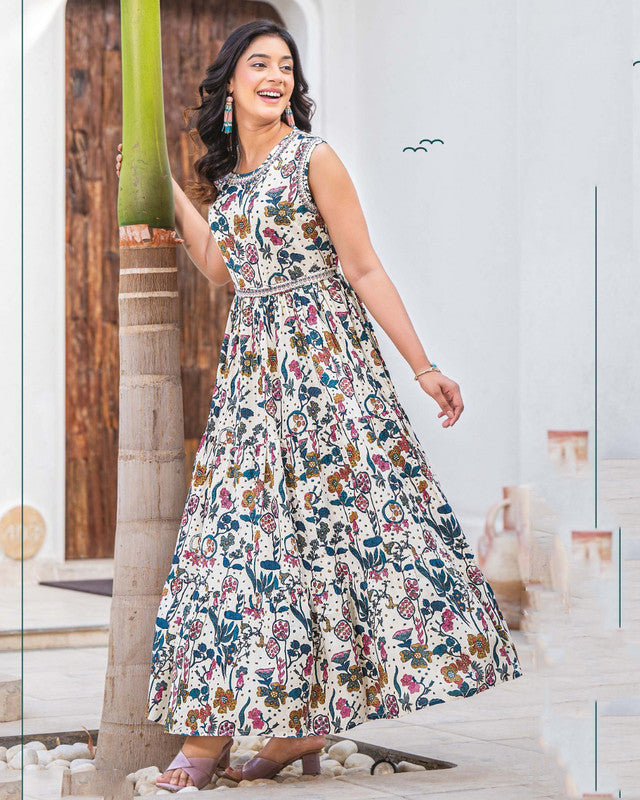 Rama Blue with Pink & Multi Coloured Heavy Rayon with Beautiful Solid Print Women Party/Casual wear Stunning Gown Kurti!!