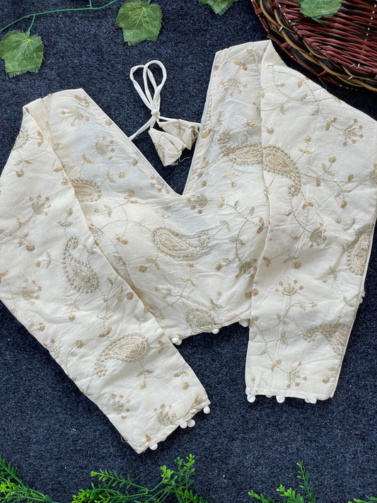 Half White & Gold Coloured Pure Khadi Cotton with Embroidery Work Woman Designer Ready made Long Sleeve Blouse - 38 Size Fits Up to 42 Inch!!