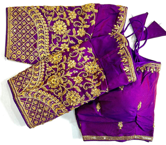 Purple Coloured Heavy Banarasi Silk with Jari , Thread & Khatli Hand Work Woman Designer Wedding Ready made Blouse - 38 Size Fits Up to 40 Inch!!