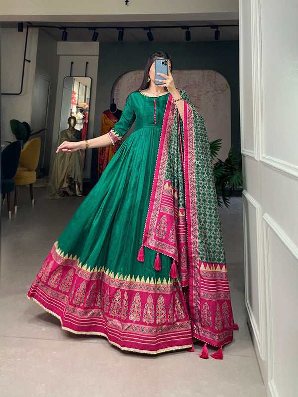 Green & Multi Coloured Tussar Silk With Foil Print Women Designer Party/Casual wear Ready to Wear Gown with  Gotta Patti Lace Border Dupatta Set!!