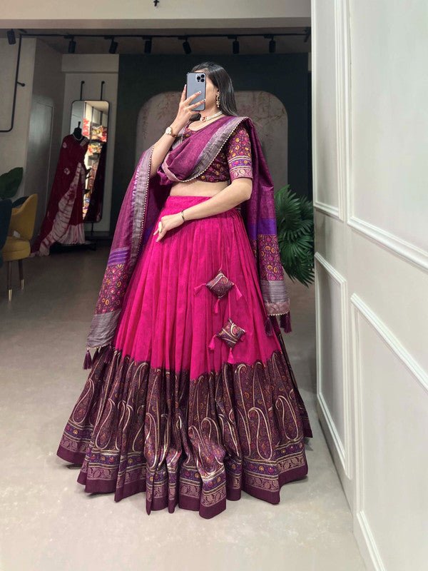 Pink with Wine & Multi Coloured Tussar Silk with Kashmiri Print & Foil Print Women Ethnic/Festival wear Lehenga Choli & Dupatta!!