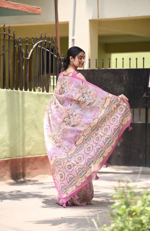 Pink & Multi Coloured Heavy Linen with Beautiful Digital Print Women Party/Casual wear Cotton Saree with Running Blouse!!