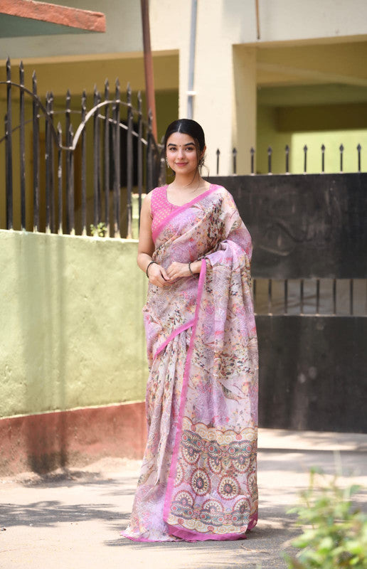 Pink & Multi Coloured Heavy Linen with Beautiful Digital Print Women Party/Casual wear Cotton Saree with Running Blouse!!