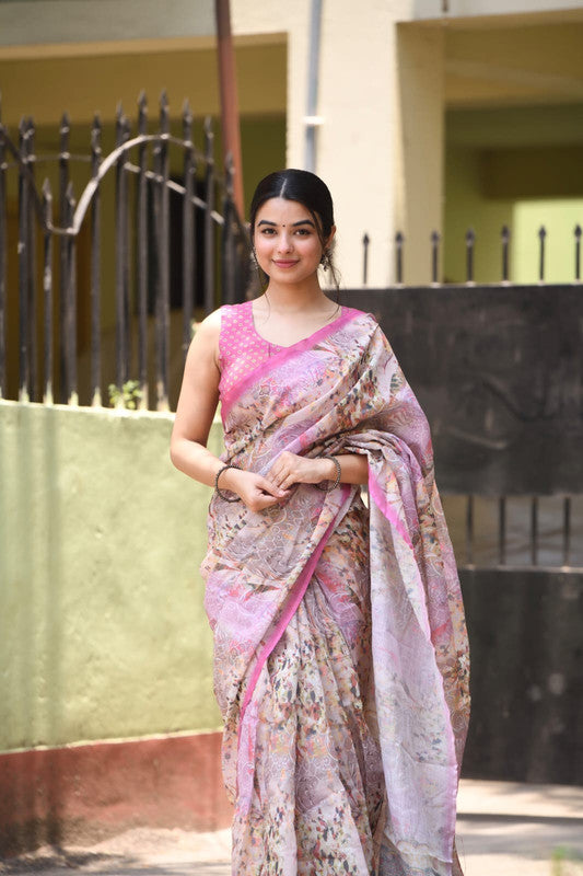 Pink & Multi Coloured Heavy Linen with Beautiful Digital Print Women Party/Casual wear Cotton Saree with Running Blouse!!