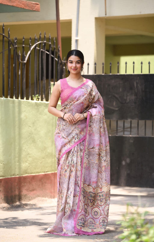 Pink & Multi Coloured Heavy Linen with Beautiful Digital Print Women Party/Casual wear Cotton Saree with Running Blouse!!