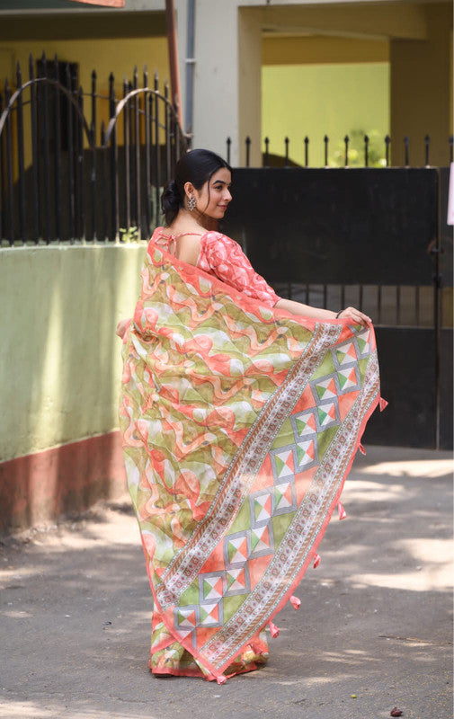 Peach & Multi Coloured Heavy Linen with Beautiful Digital Print Women Party/Casual wear Cotton Saree with Running Blouse!!