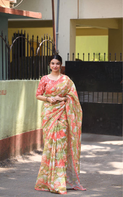 Peach & Multi Coloured Heavy Linen with Beautiful Digital Print Women Party/Casual wear Cotton Saree with Running Blouse!!