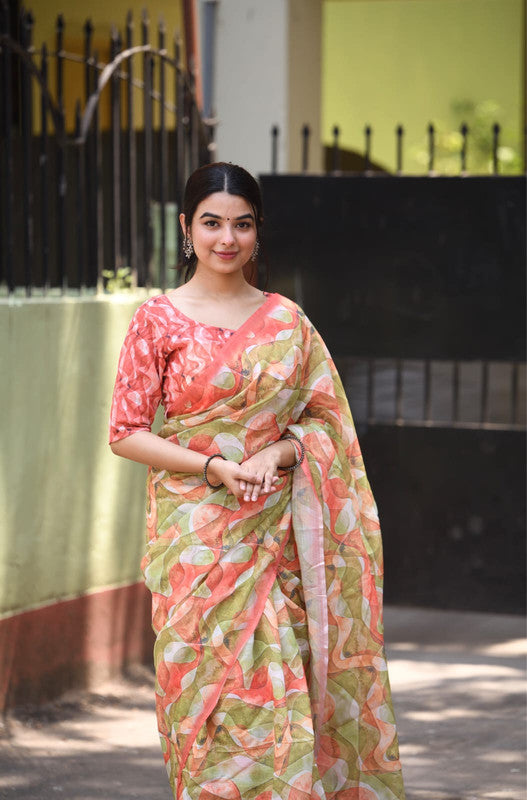 Peach & Multi Coloured Heavy Linen with Beautiful Digital Print Women Party/Casual wear Cotton Saree with Running Blouse!!