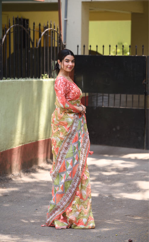 Peach & Multi Coloured Heavy Linen with Beautiful Digital Print Women Party/Casual wear Cotton Saree with Running Blouse!!