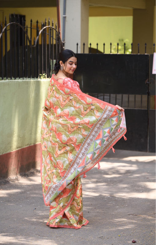 Peach & Multi Coloured Heavy Linen with Beautiful Digital Print Women Party/Casual wear Cotton Saree with Running Blouse!!