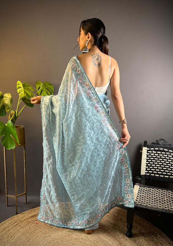 Sky Blue Coloured Twill Net with Thread & 3mm & 5mm Sequence Embroidery Work Women Fancy/Party Wear Saree with Blouse!!