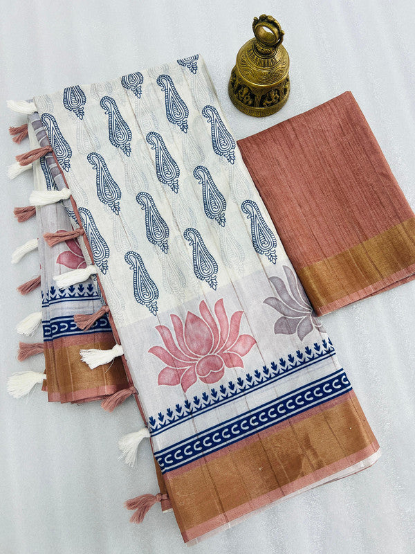 White & Brown Coloured Handloom Weaving with Gold jari border & Digital Print Women Party/Casual wear Cotton Saree with Blouse!!