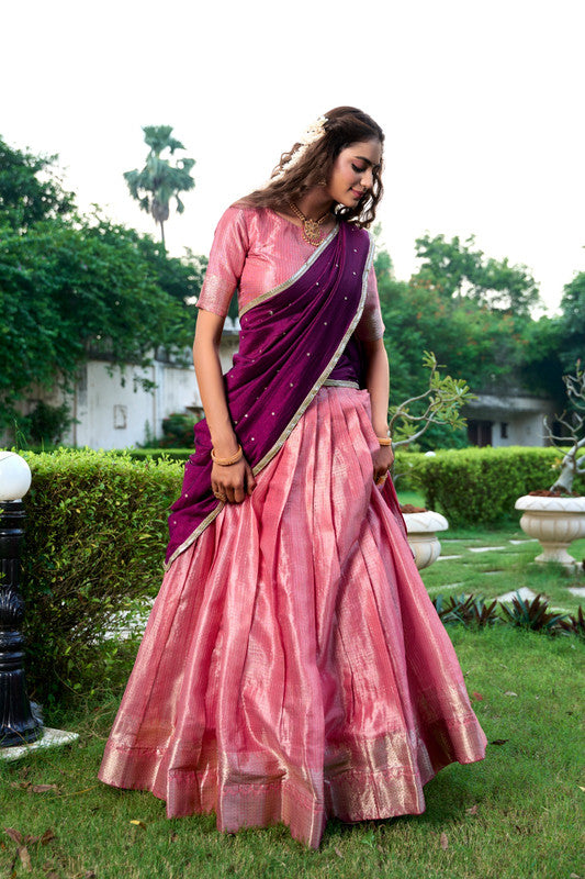 Pink & Wine Coloured Kanchipuram Silk with Zari Weaving Work Women Ethnic Festival wear Lehenga Choli & Dupatta!!