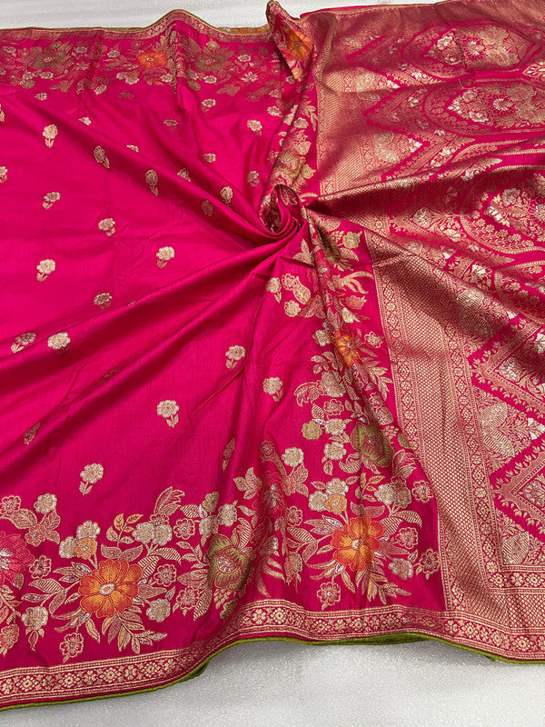 Dark Pink & Multi Coloured Dolla silk with Meenakari & Zari Weaving Work Women Ethnic wear Soft Silk Saree with Contrast Running Blouse!!