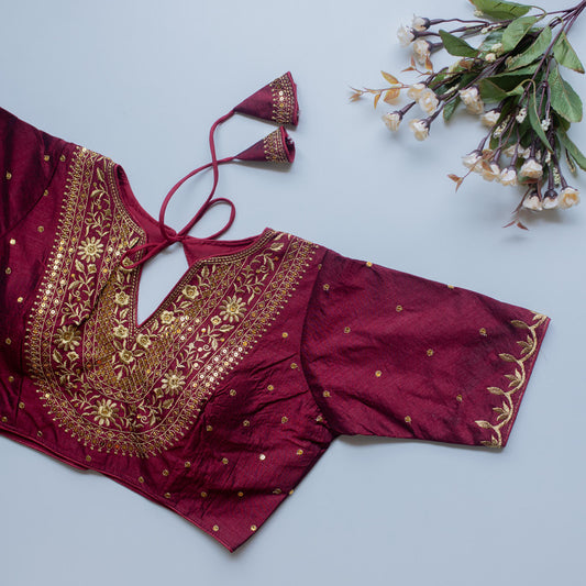 Maroon Coloured Olive Silk with Golden Embroidery with Sequence Work Woman Designer Ethnic/Partywear Ready made Blouse - 38 Size Fits Up to 40 Inch!!