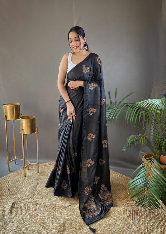 Black Coloured Soft Silk with Zari, Embroidery and Piping Work Women Ethnic/Party wear Silk Saree with Running Butti Blouse!!