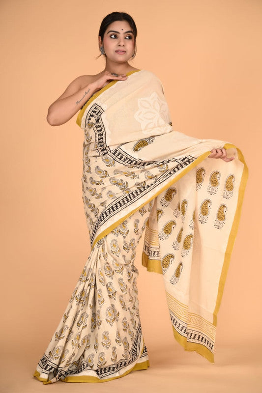 Beige & Multi Coloured Pure Cotton with Beautiful Applique Hand Cut Work Women Party/Casual wear Hand Block Printed Cotton Saree with Blouse!!