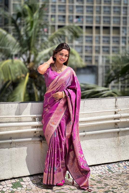 Purple & Multi Coloured Soft Banarasi silk with Zari weaving Meenakari work & Rich pallu Women Party/Festival Wear Pure Soft Banarasi Silk Saree with Blouse!!