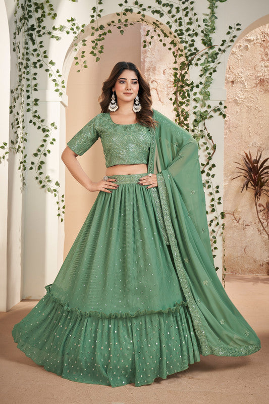 Green Coloured Faux Georgette Thread & Sequence Embroidery Work Woman Designer Party wear Lehenga Choli & Dupatta!!