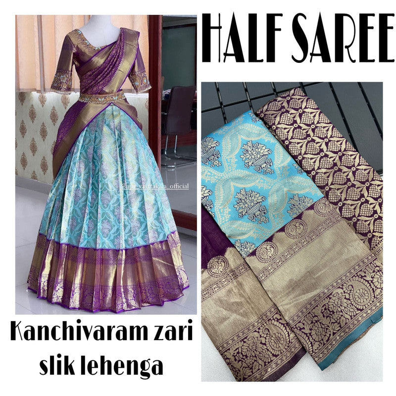 Sky Blue & Wine Coloured Kanjivaram Pattu Silk with Zari Women Ethnic Party wear Lehenga choli ( Half Saree) & Banarasi Silk Dupatta!!