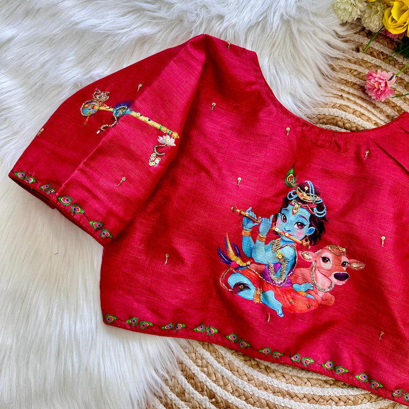 Red Coloured Pure silk with Antique Handcrafted Work & Sri Krishna Print Woman Designer Ethnic/Partywear Ready made Blouse - 38 Size Fits Up to 42 Inch!!