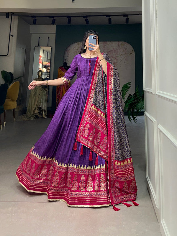 Purple & Multi Coloured Tussar Silk With Foil Print Women Designer Party/Casual wear Ready to Wear Gown with  Gotta Patti Lace Border Dupatta Set!!