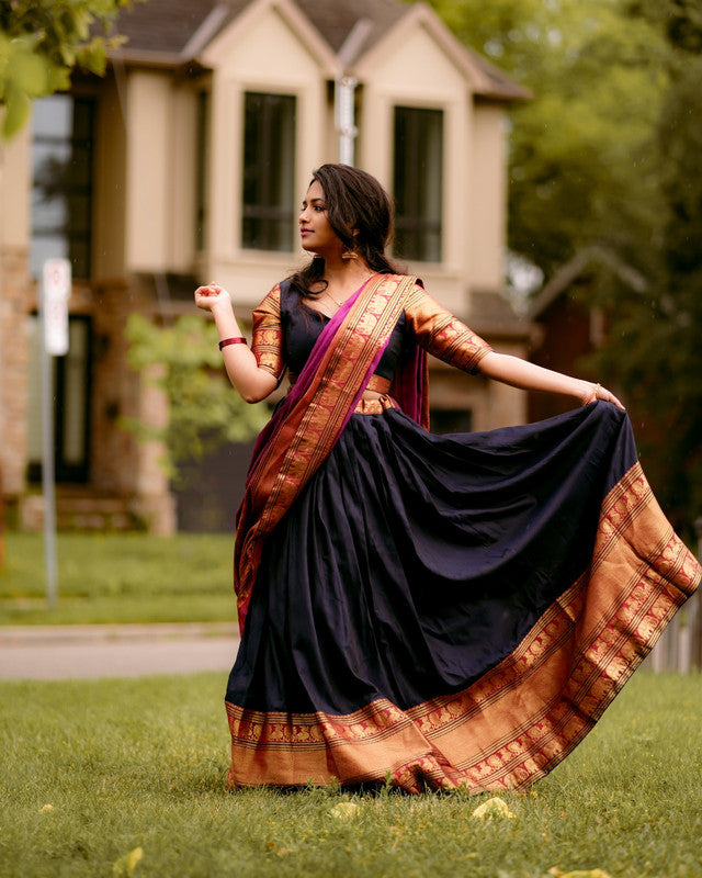 Black & Multi Coloured Narayan pet (Cotton) with Zari Weaving Work Women Ethnic Party wear Lehenga choli ( Half Saree) with Dupatta & Belt!!