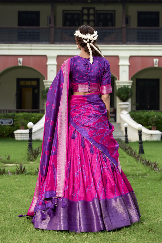 Rani Pink & Purple Coloured Dola Silk & Shibori Print with Zari Weaving Border Women Ethnic Festival wear Lehenga Choli & Dupatta!!