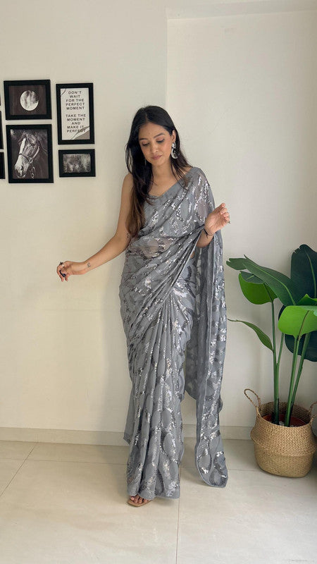 Grey Coloured with Dual Sequence work with back patch support lace border Women Designer Fancy Georgette Saree with Sequence Blouse!!