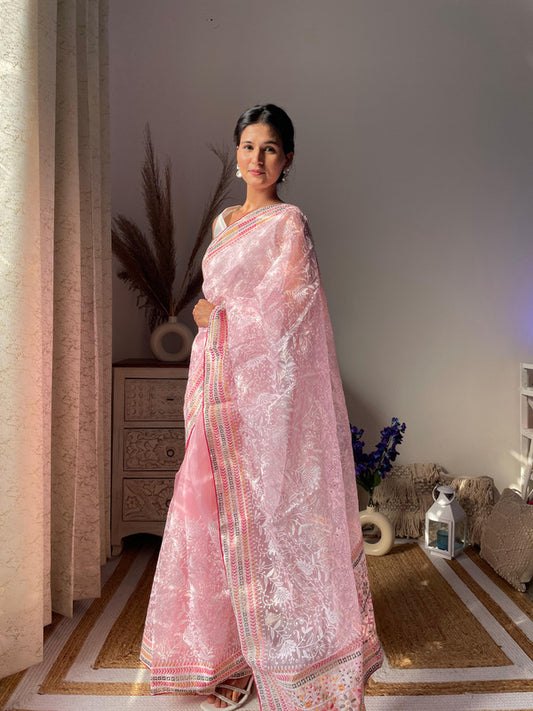 Light Pink & Multi Coloured Organza Cotton with Lucknowi & Multi Thread Work Women Party/Fancy wear Organza Saree with Silk Blouse!!