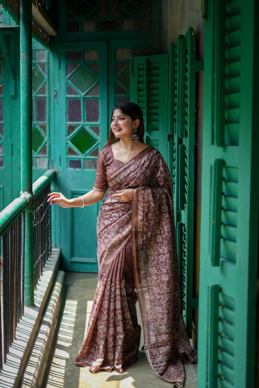 Brown Coloured Premium Tusser Silk with Batik Print & Floral Embroidery Work Women Party/Festival wear Silk Saree with Runing Blouse!!