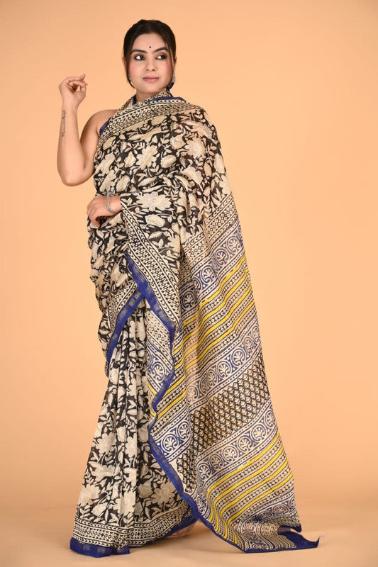 Navy Blue & Multi Coloured Chanderi Silk with Hand Block Printed Women Party/Traditional Wear Chanderi Silk Saree with Blouse!!