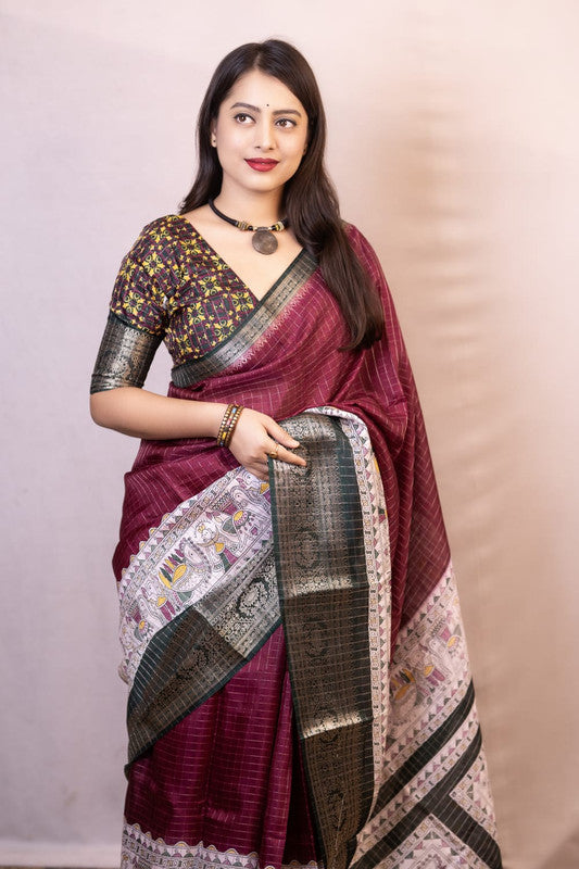 Wine Coloured Soft Cotton with Madhubani Chex & Jacquard Border Women Party/Festival wear Soft Cotton Saree with Kalamkari Print Blouse!!