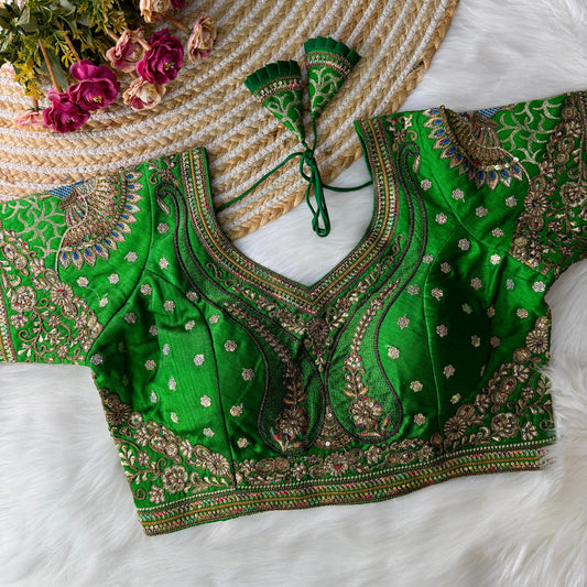 Green Coloured Italian Silk with 3D Sequence & Unique Embroidery Work Woman Peacock Bridal Long Sleeves Designer Ready made Blouse - 40 Size Fits Up to 42 Inch!!