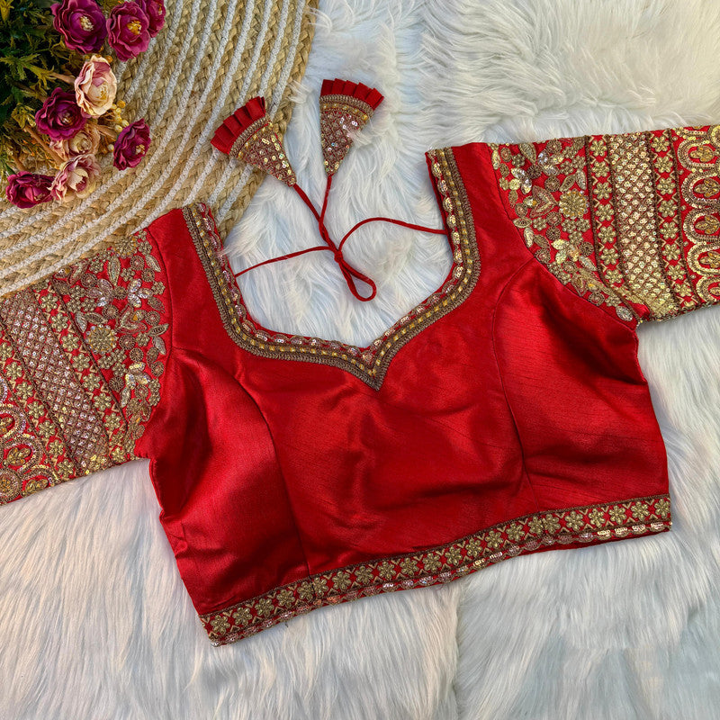 Red Coloured Pure Soft Italian Silk with Tricot Fuising & Codding Embroidery + Thread & Sequence Work Woman Designer Bridal Ready made Blouse - 40 Size Fits Up to 42 Inch!!