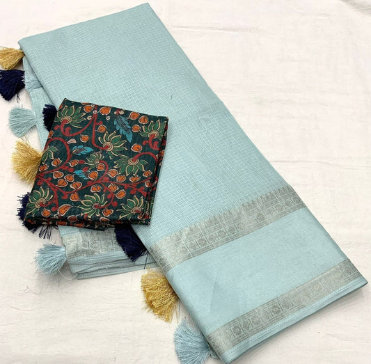 Dusty Blue Coloured Kota Silk with Zari & Shine Sartin Woven Bentex Border Women Ethnic/Festival wear Plain Kota Silk Saree with Kalamkari Blouse!!