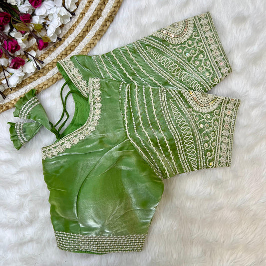 Parrot Green Coloured Soft Silky Zimichoo Fabric with Codding Embroidery & Sequence Work Woman Designer Partywear Ready made Blouse - 40 Size Fits Up to 42 Inch!!