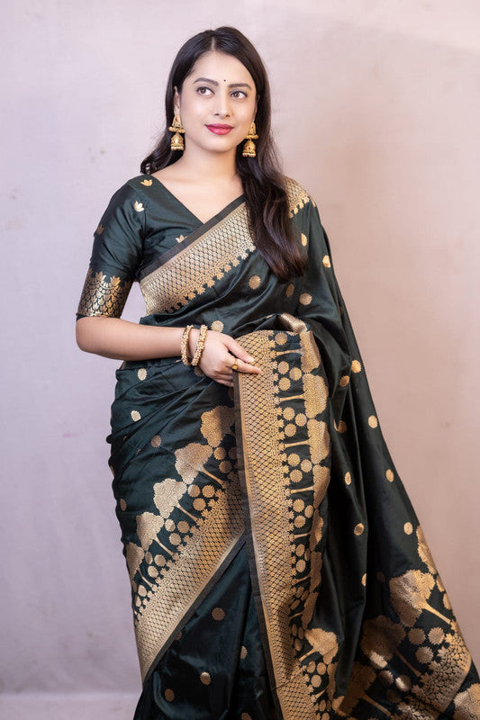 Bottle Green Coloured with Zari Woven Women Ethnic/Festival wear Banarasi Tree Design Soft Silk Saree with Zari Woven Blouse!!