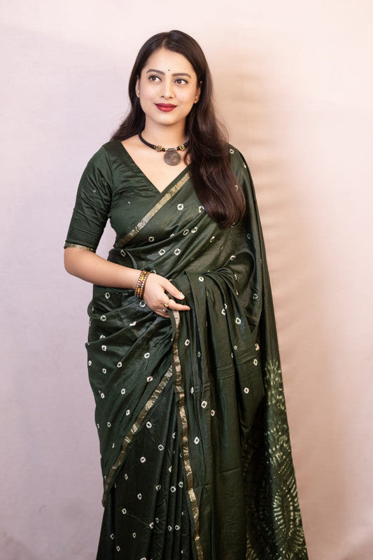 Bottle Green Coloured Chanderi Cotton with Bandhani Print & Big Tied Pallu Women Party/Festival wear Chanderi Cotton Saree with Aari Mirror Blouse!!