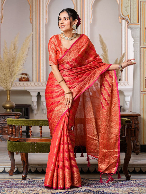 Red Coloured with Rich Pallu Dual Tone Tassels, Zari & Sequence Work Women Ethnic/Festival wear Organza Silk Saree with Brocade Blouse!!