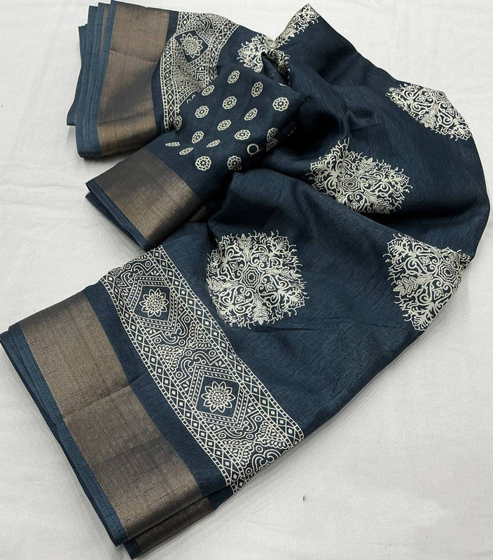 Grey with White Coloured Soft Cotton Crape with Zari Woven Pattu Border & Batik Printed Women Party/Festival wear Cotton Crape Saree with Blouse!!